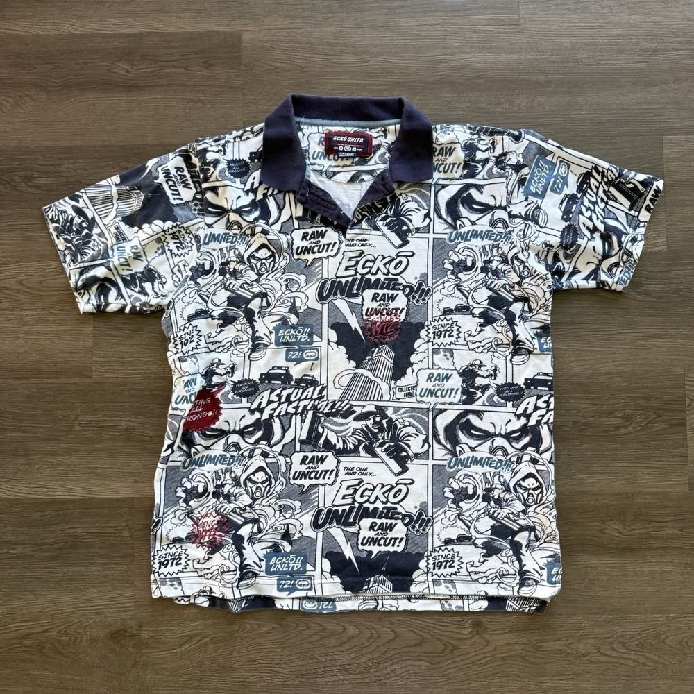 Vintage Ecko Unltd Shirt Mens XXL‎ Blue Comic Strip Art All Over Print Polo Y2K